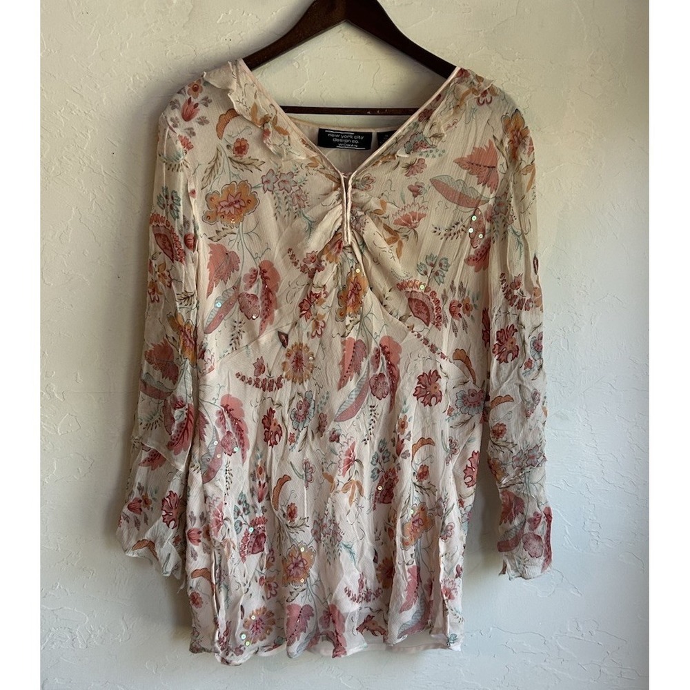 Vintage 90s Y2K New York City Co 100% Silk Top 1X Beaded Fairy Grunge Whimsigoth